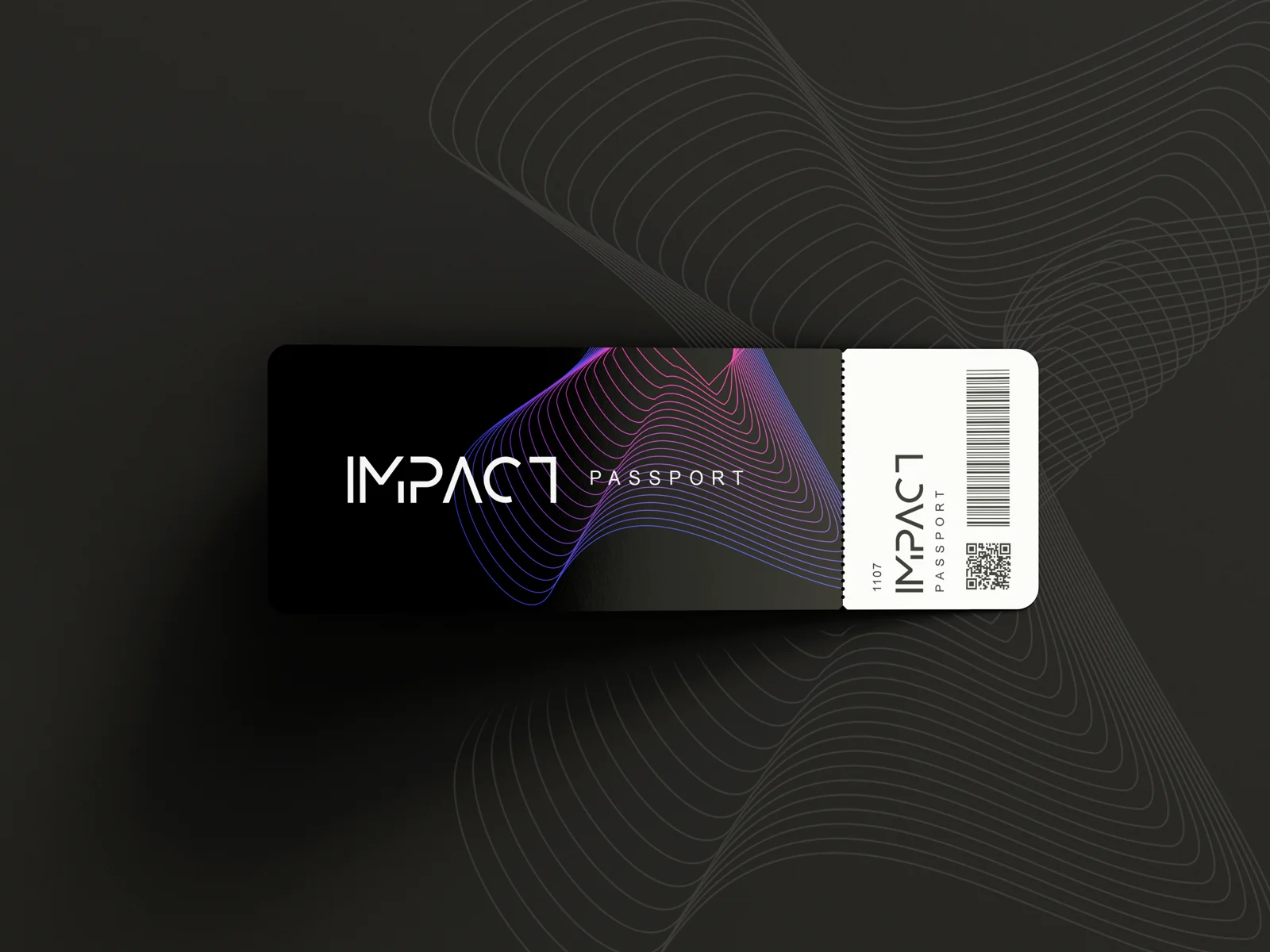 Aplicação da marca Impact em um ticket, com ondas em violeta e magenta